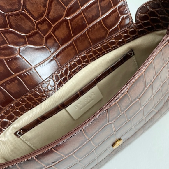 BY FAR RACHEL Croc-embossed leather SHOULDER BAG in Brown  BY FAR Dark Brown Croc-Embossed Shoulder Bag with Gold Buckle